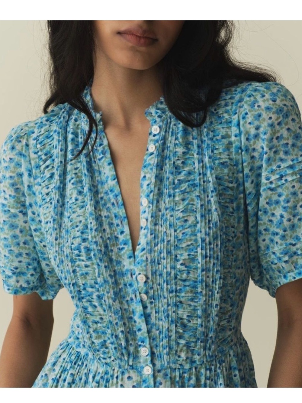 Doen Blue and Aqua Floral Pintucked Maxi Dress